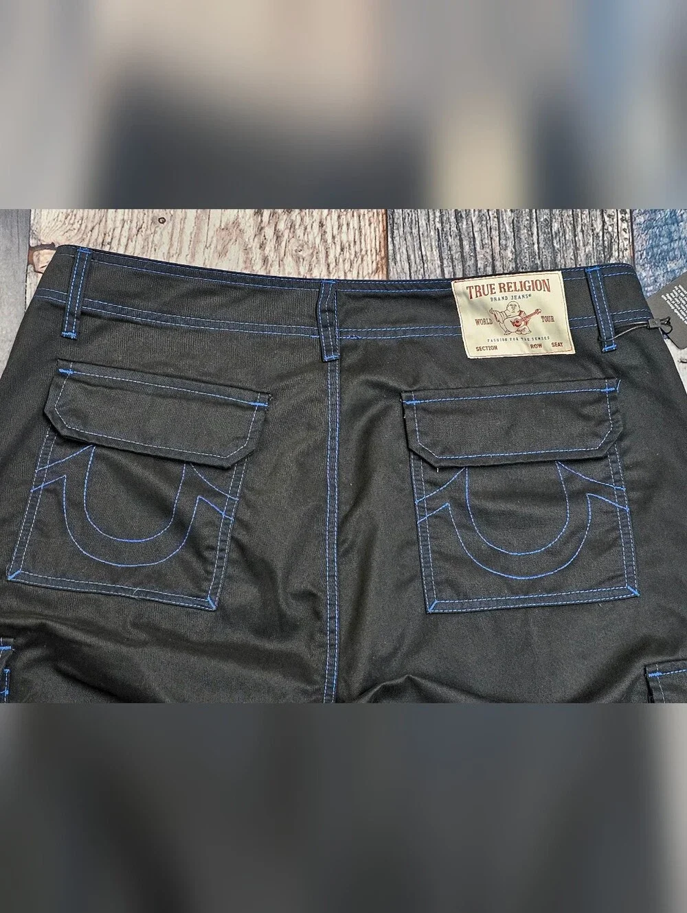 True Religion Cargo Pant Baggy Jet Black Pacific Blue Logo Pockets Men's Size 34